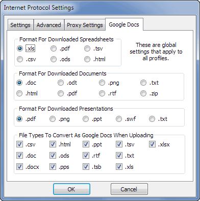 A screenshot showing the conversion settings for native Google Documents