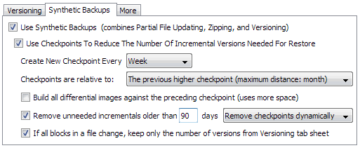 A screenshot showing Syncovery's Synthetic Backup settings