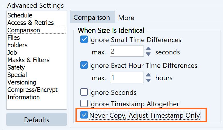 Screenshot showing how to choose the checkmark to adjust timestamps in Syncovery