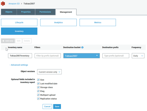 Screenshot that shows how to set up Amazon S3 Inventories for use with Syncovery