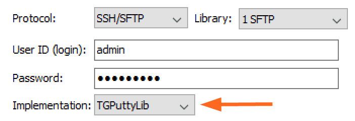 A screenshot of the SFTP Implementation choice in Syncovery, allowing the user to choose between TGPuttyLib and SecureBlackBox