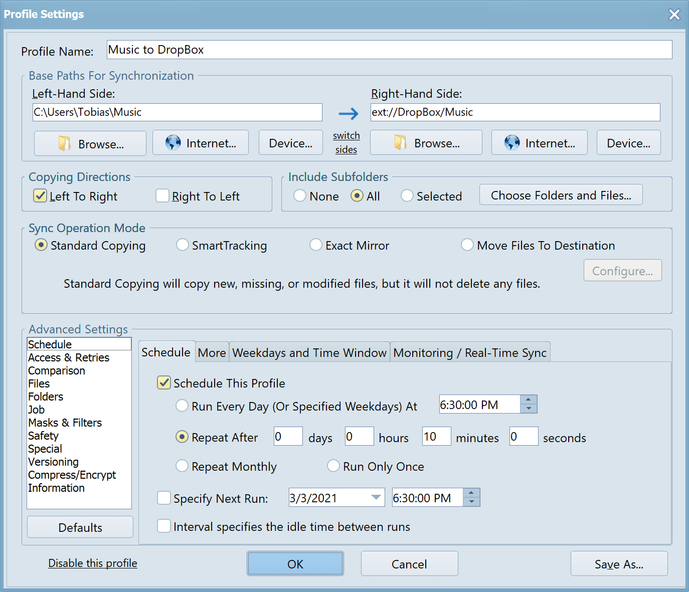Screenshot showing Syncovery's profile editor dialog window in Advanced Mode, where the user can choose between many settings to fine-tune the job's synchronization behavior