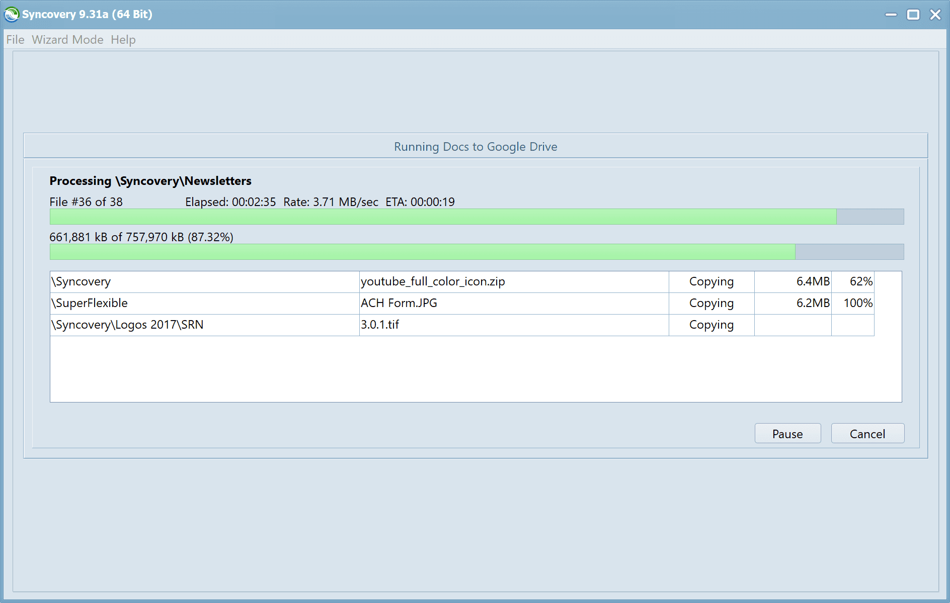 Screenshot of Syncovery's copying progress dialog windows, showing how files are copied and how the progress percentage and ETA is
