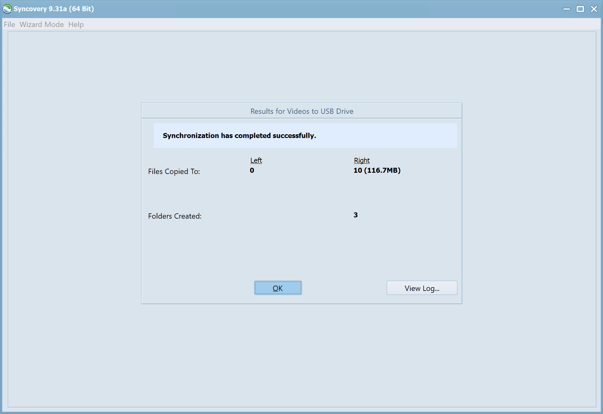 Screenshot of the copying results dialog which shows how many files have been copied when a Syncovery job has completed