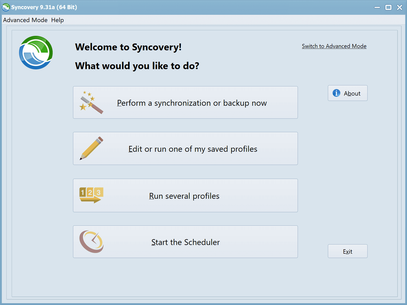 Screenshot showing Syncovery's Welcome Page, where the user can choose to create new jobs, or edit or run existing ones, or start the scheduler