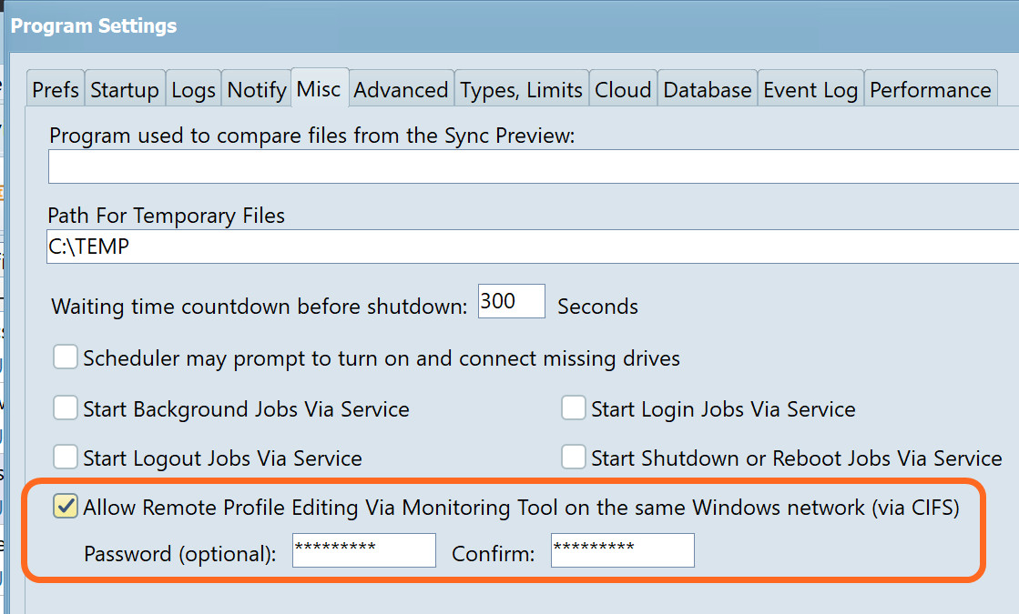 A screenshot showing how to allow remote changes via Syncovery's monitoring tool