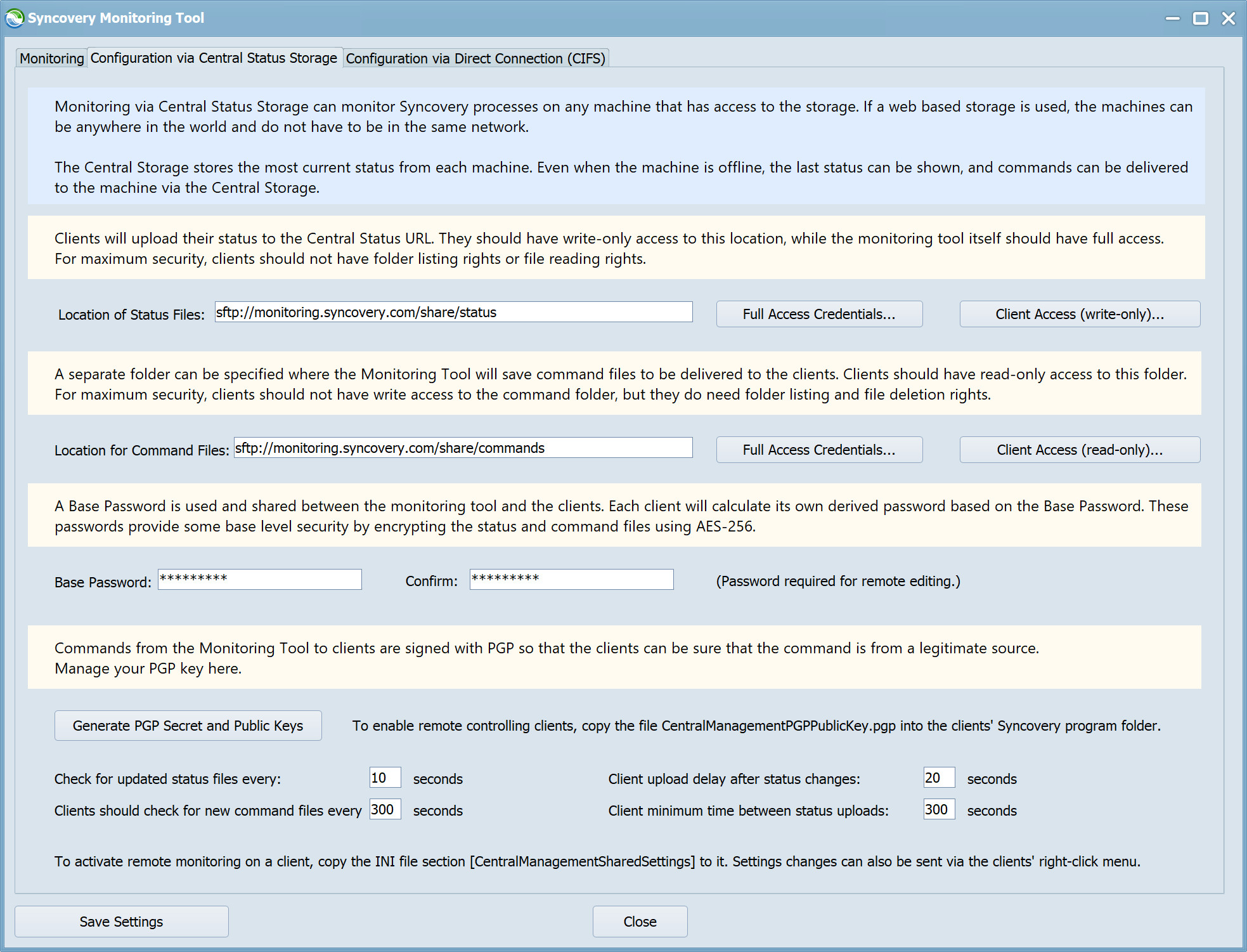 A screenshot showing the settings for Syncovery's monitoring tool when using a Central Status Storage