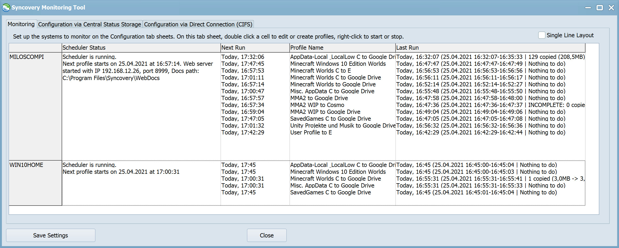 A screenshot showing monitoring results obtained via Windows networking (CIFS)