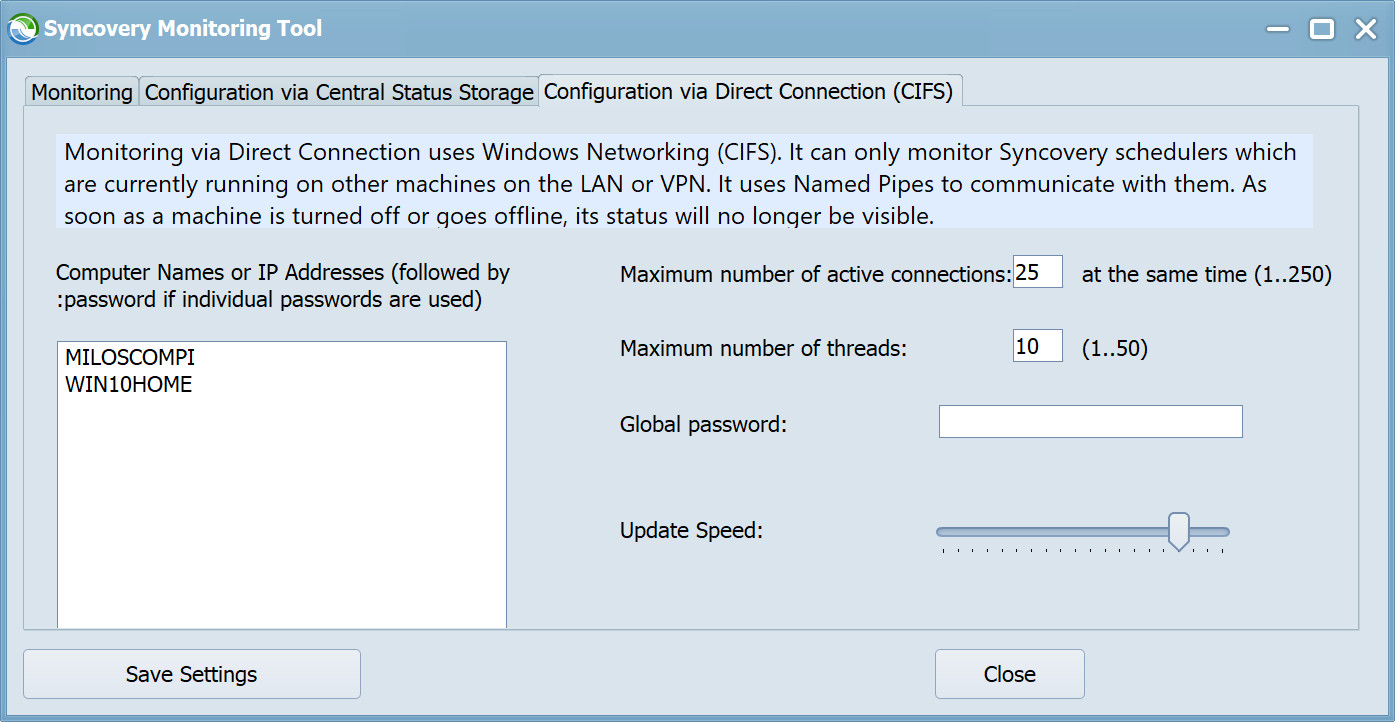 A screenshot showing how to set up monitoring via Windows networking (CIFS)