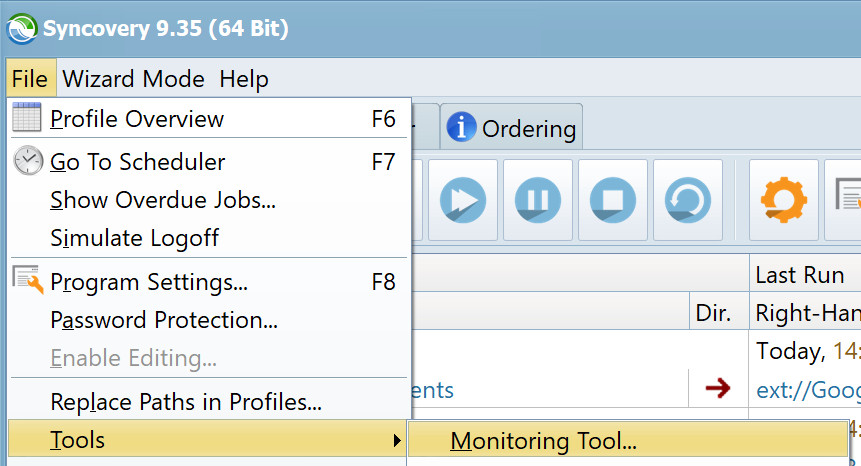 A screenshot of Syncovery's monitoring tool in the File menu