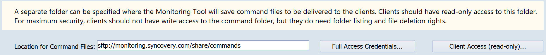 A screenshot showing how to specify the command files locationfor Syncovery's monitoring tool