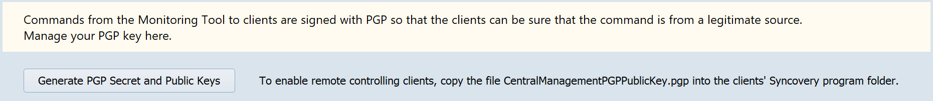 A screenshot showing how to generate the PGP key for Syncovery's monitoring tool