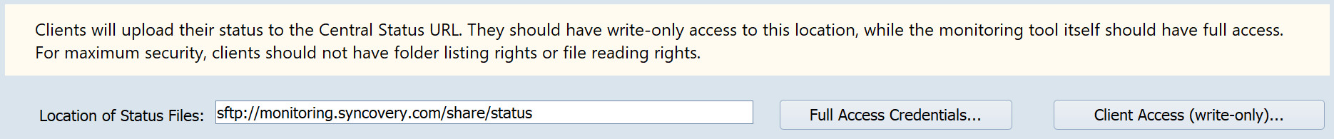 A screenshot showing how to specify the status files location for Syncovery's monitoring tool