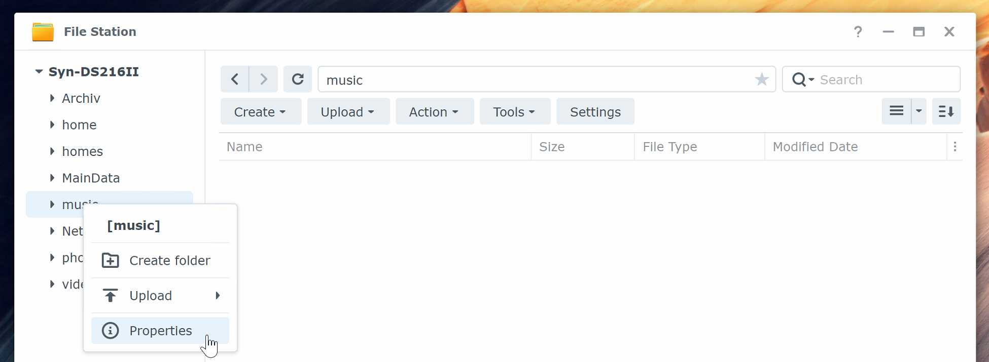 A screenshot showing how to find the Properties of a folder in the Synology DSM7 File Station