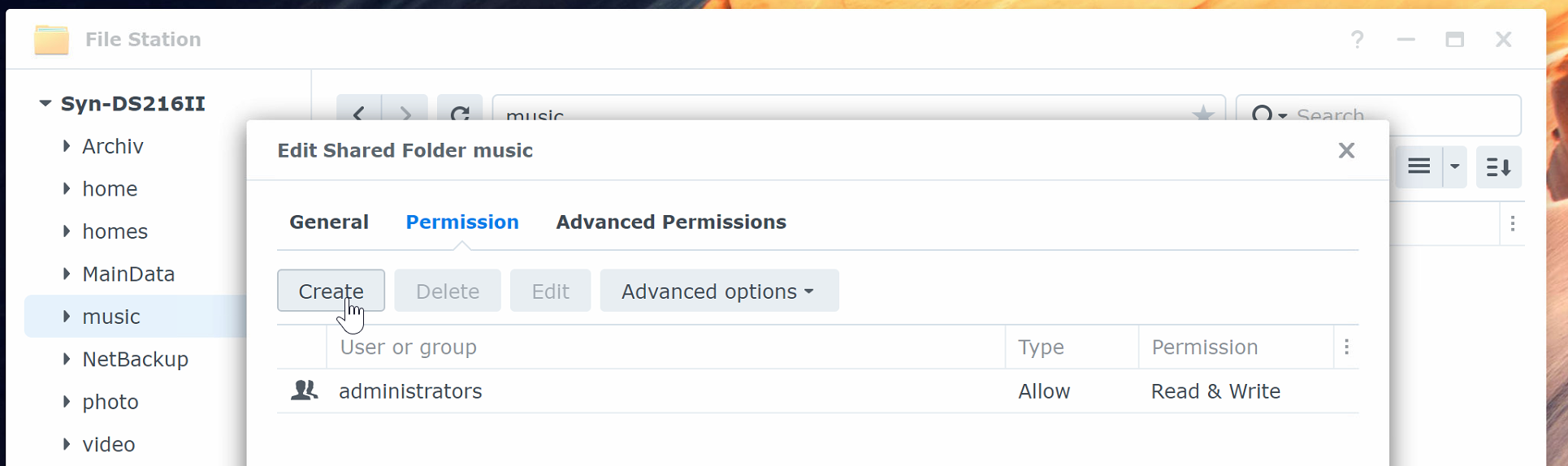 A screenshot of a Synology DSM 7 dialog where the CREATE button needs to be clicked to create permissions for Syncovery