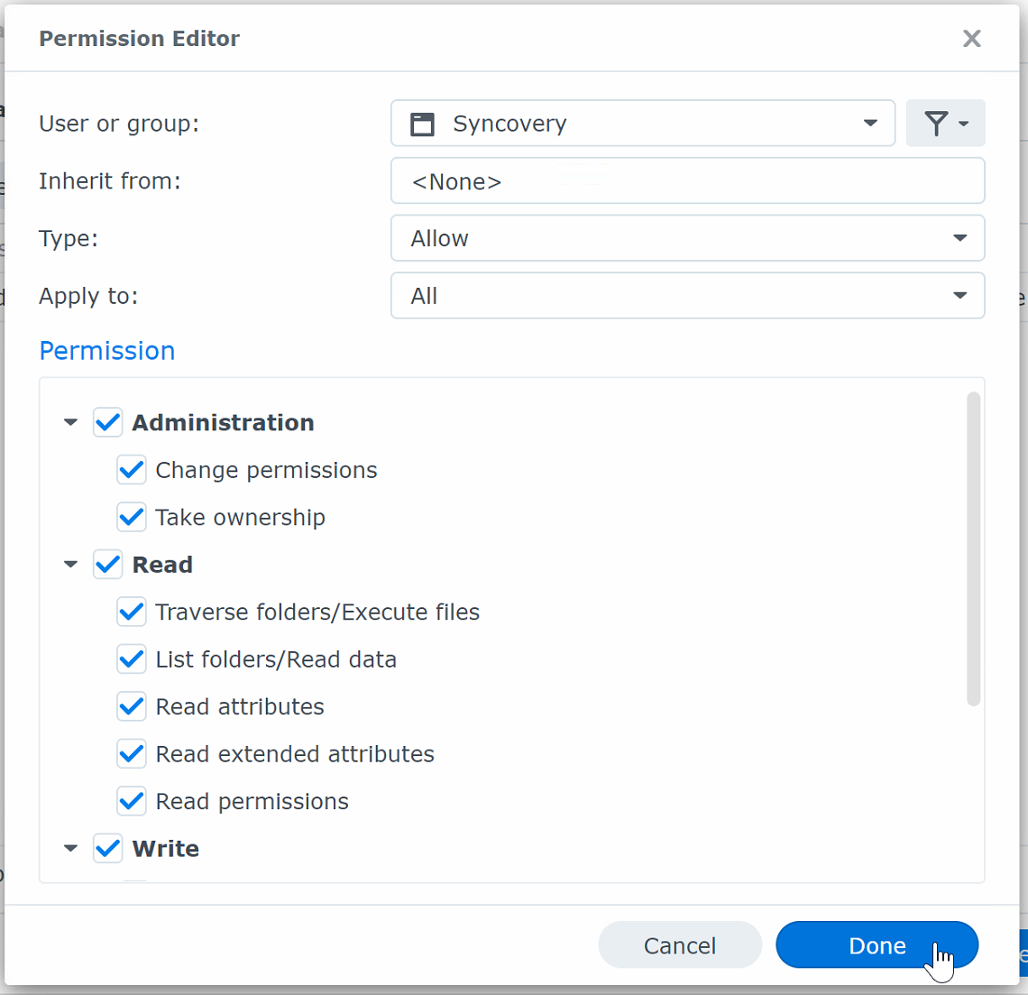 A screenshot of the Synology DSM7 dialog showing the Syncovery permissions on a folder, which the user needs to grant