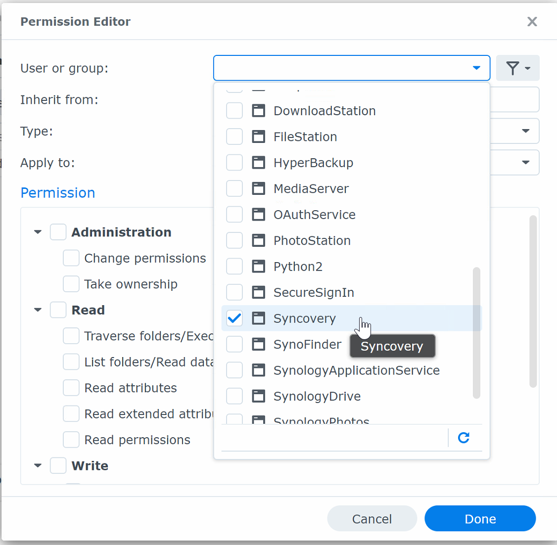 A screenshot of the Synology DSM7 user list, from which the Syncovery user must be chosen to be given access to a folder