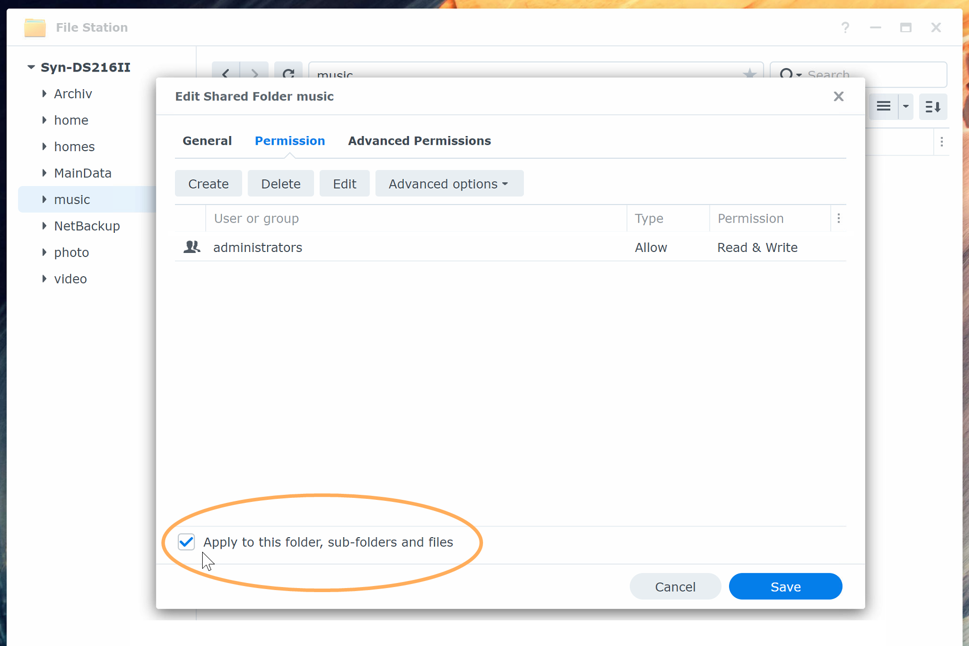 A screenshot of a Synology DSM7 dialog where permissions need to be applied to a folder