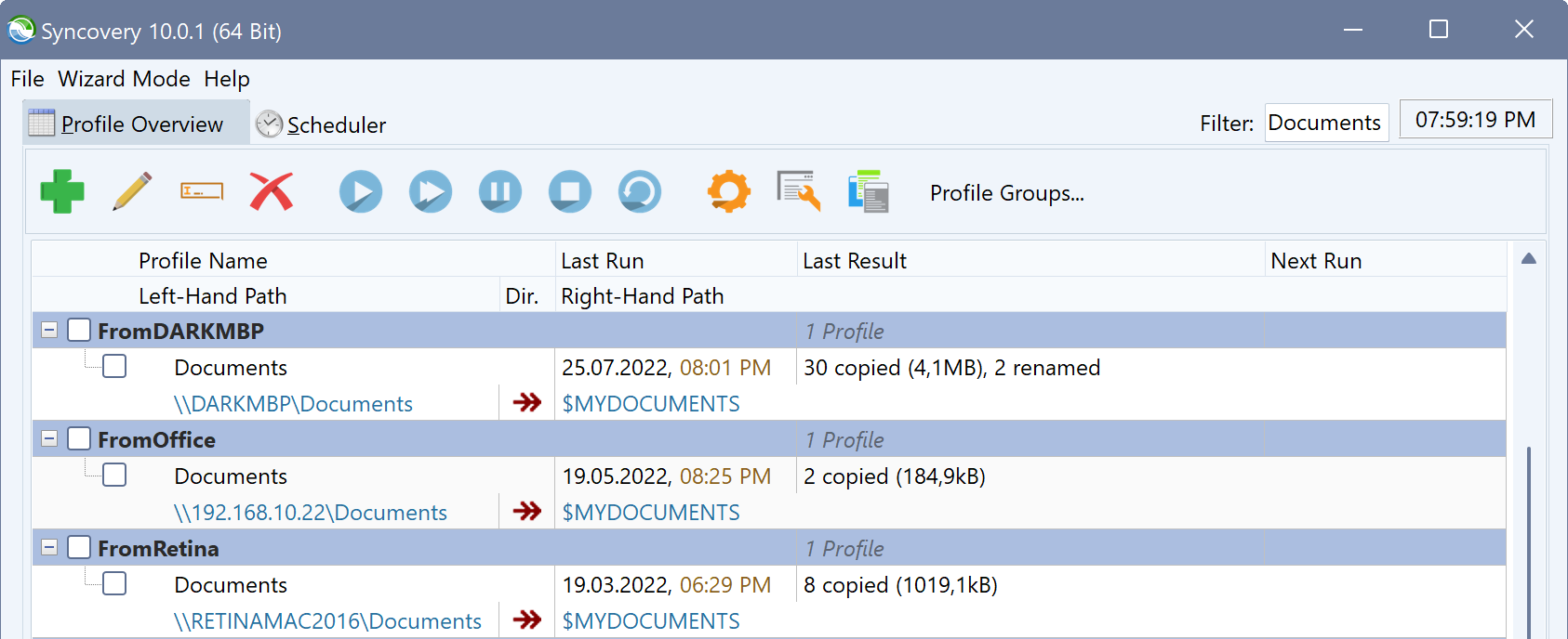 Screenshot of the Syncovery Profile Overview, allowing the user to edit and start sync jobs