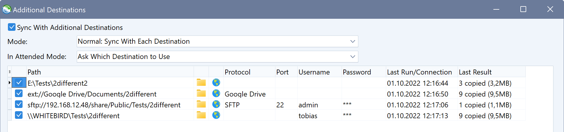 Screenshot of the Additional Destinations dialog window in Syncovery, allowing the user to add multiple destinations to a single profile