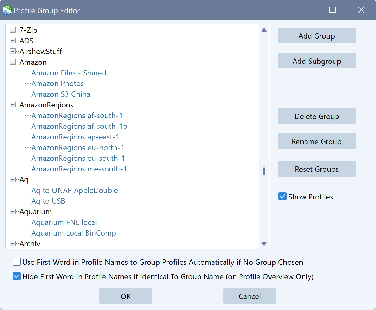 Screenshot of the Syncovery Group Editor where the user can assign profiles to groups