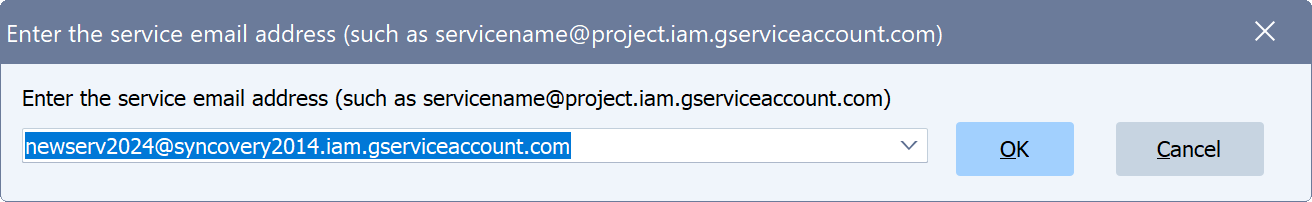 A screenshot showing how a Google Cloud service account's email address is entered into Syncovery