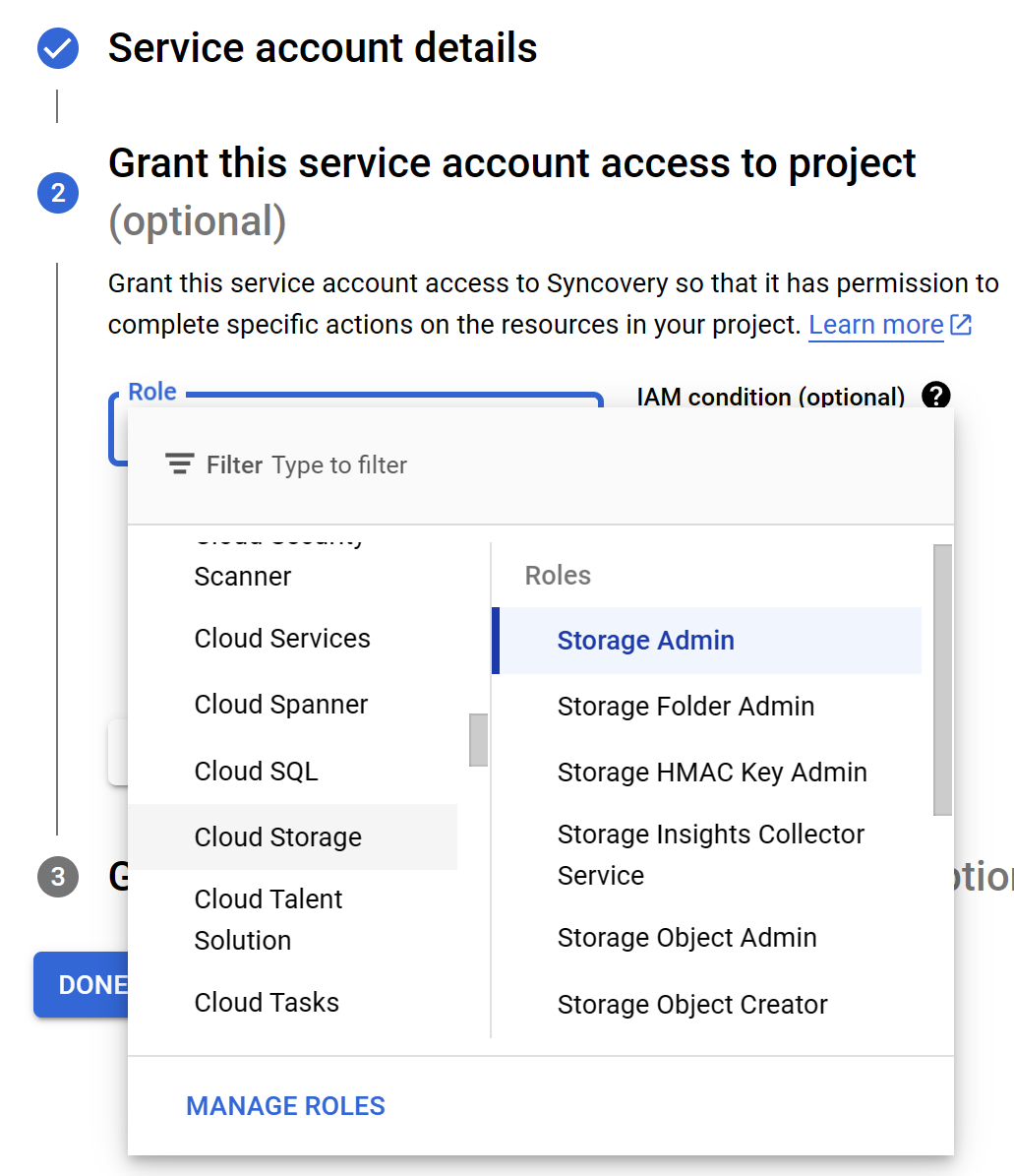 A screenshot showing how to choose the STORAGE ADMINISTRATOR role for a Google Cloud service