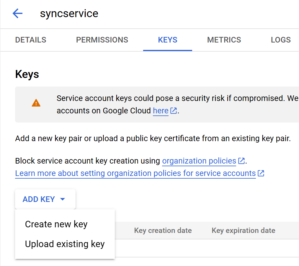 A screenshot showing the ADD KEY button that is needed to create a private key for a Google Cloud service account