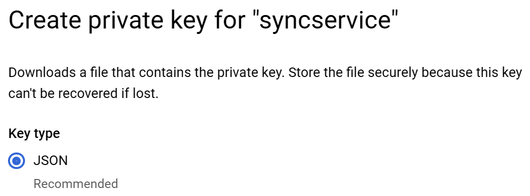 A screenshot showing how to create a private key for a Google Cloud service account
