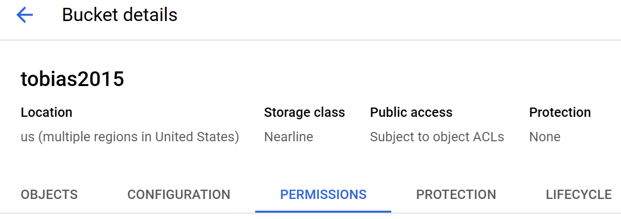 A screenshot showing bucket permissions in the Google Cloud