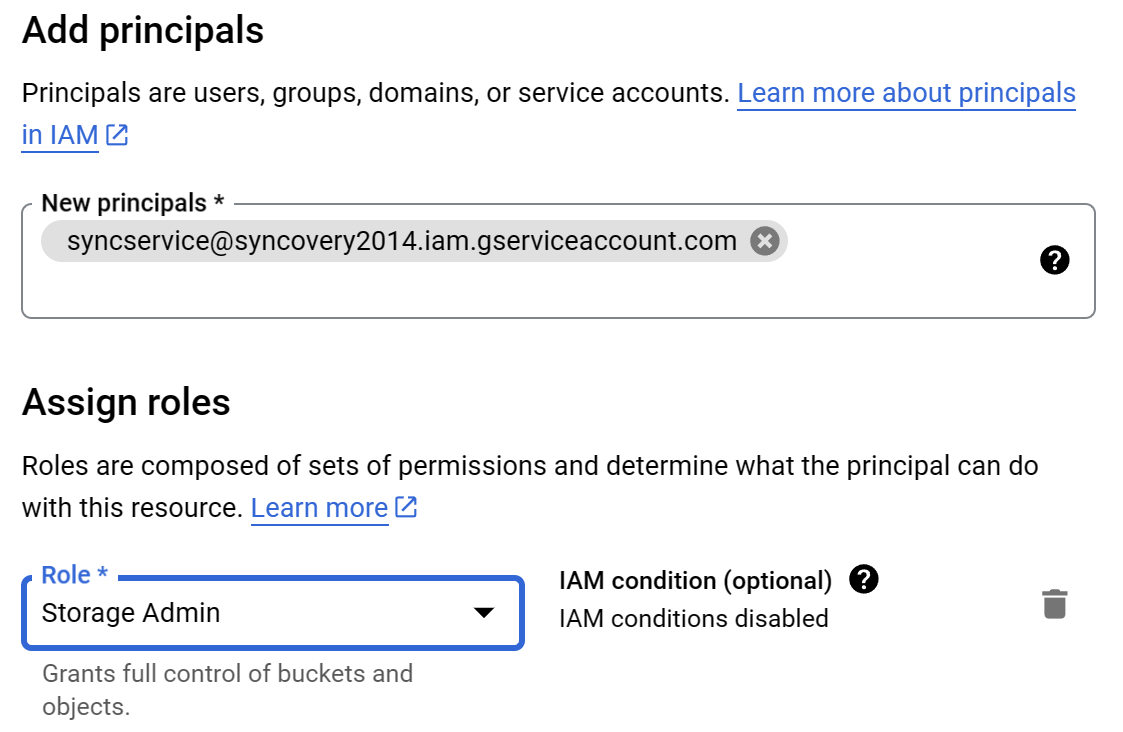 A screenshot showing how to give a service user permissions on a bucket in the Google Cloud console