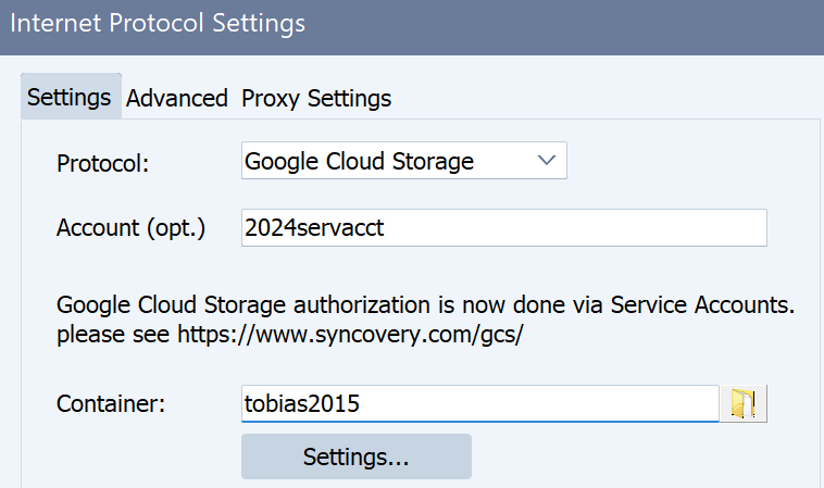 A screenshot showing how the Google Cloud Storage protocol is chosen in Syncovery