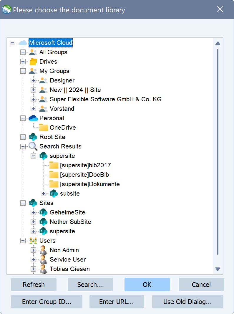 Dialogfenster zur Auswahl der SharePoint-Dokumentbibliothek