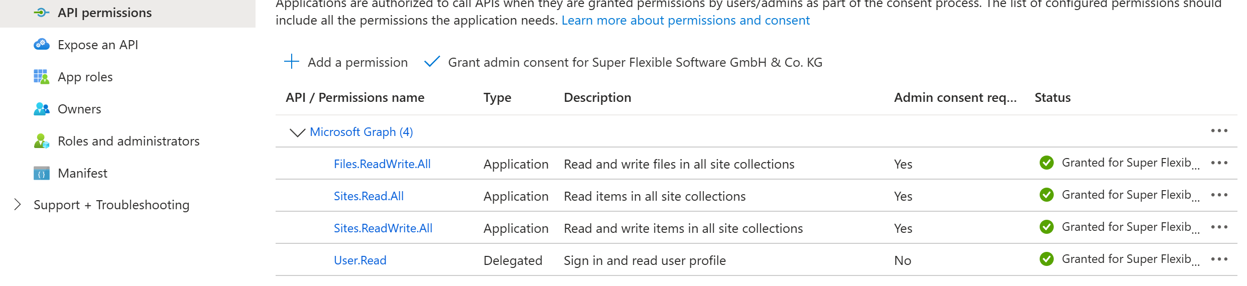 Screenshot, der die Berechtigungen für Syncovery im Azure-Portal zeigt.