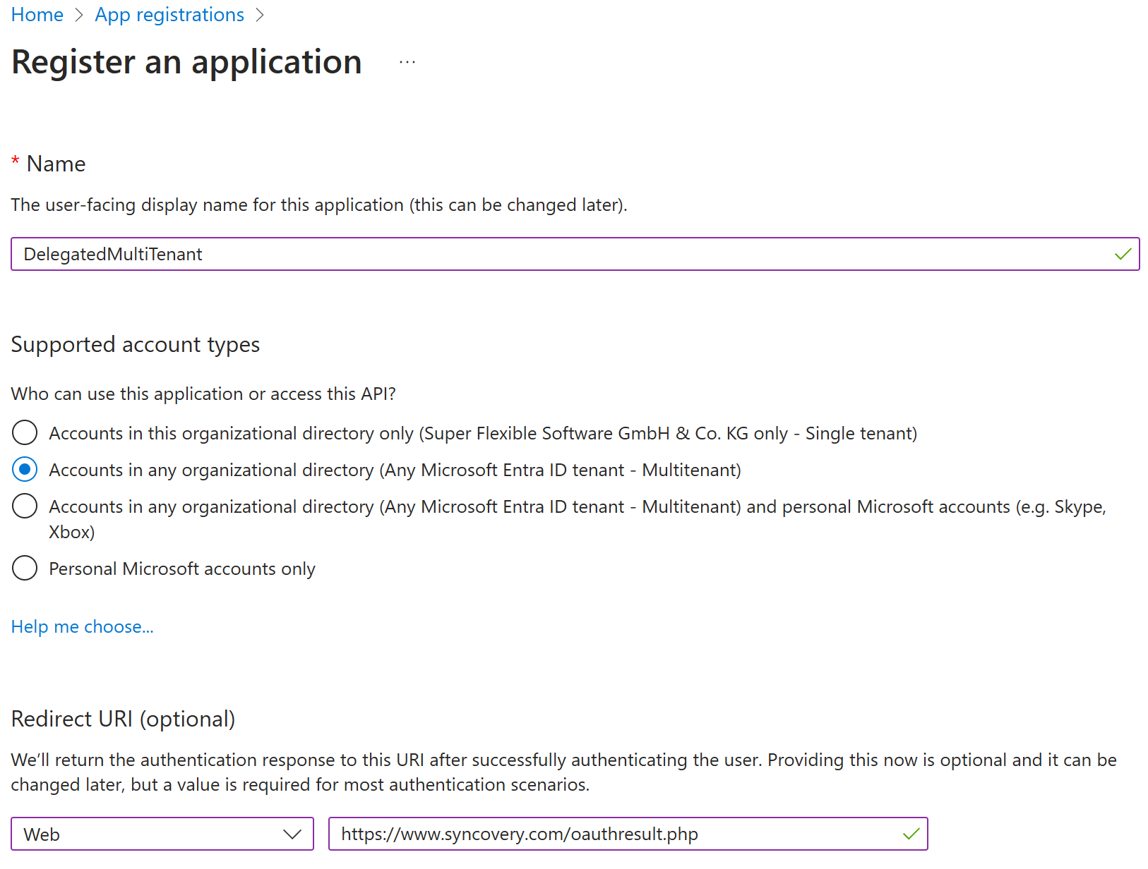 Ein Screenshot, der zeigt, wie eine App im Azure-Portal registriert wird.