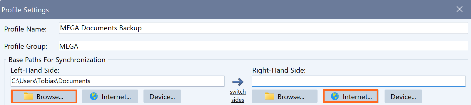 Screenshot eines neuen Syncovery-Profils