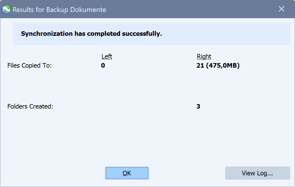 The Syncovery backup software has successfully completed the data backup.